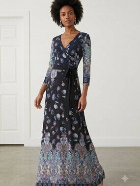Navy Floral &  Paisley Border Print Maxi Dress